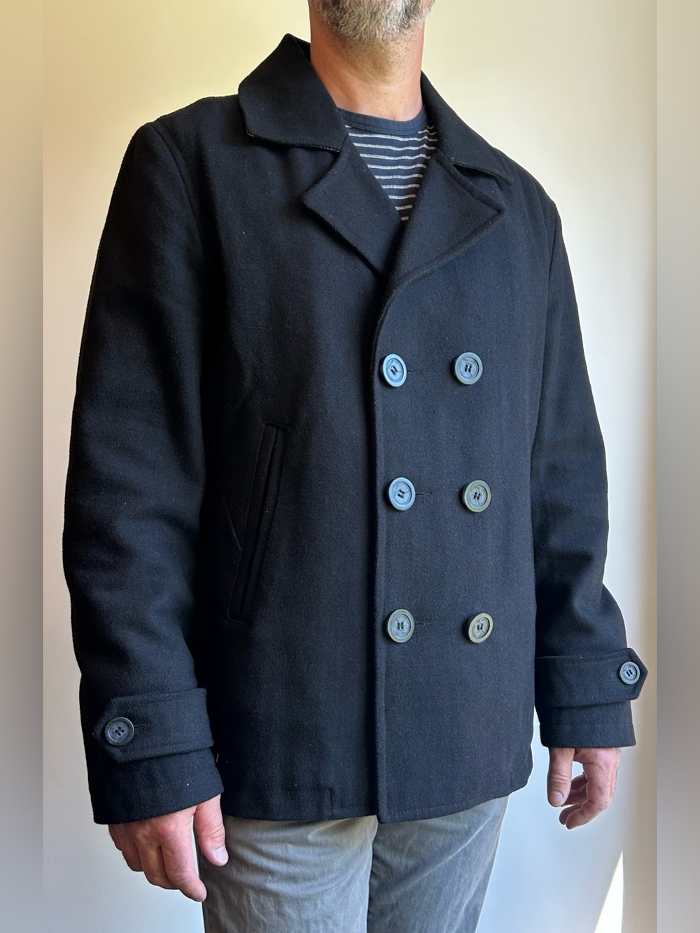 Projek Raw Luxe Men's Black Wool Blend Double Breasted Pea Coat L